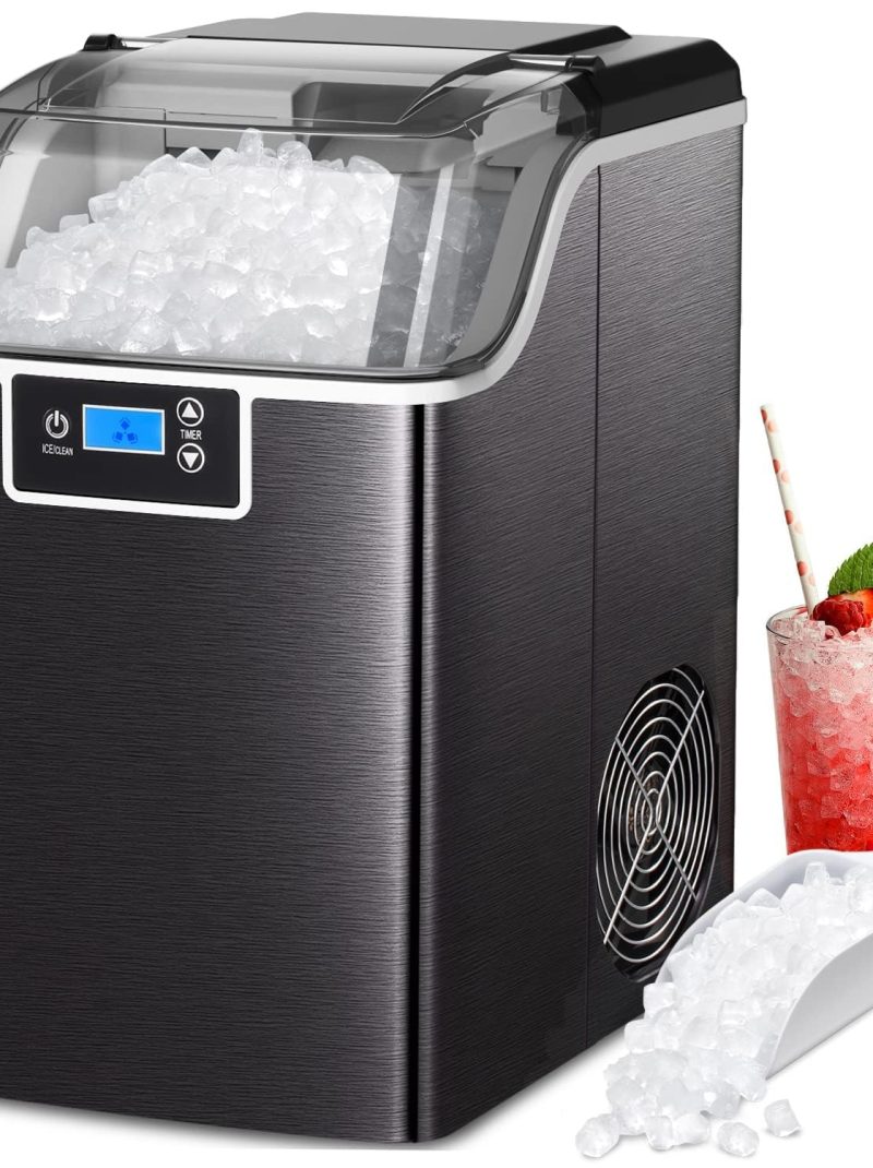 ZAFRO Nugget Ice Makers Countertop with Soft & Chewable Pellet Ice Portable Self-Cleaning Compact Ice Machine 44Lbs/24H with Ice Scoop and Basket