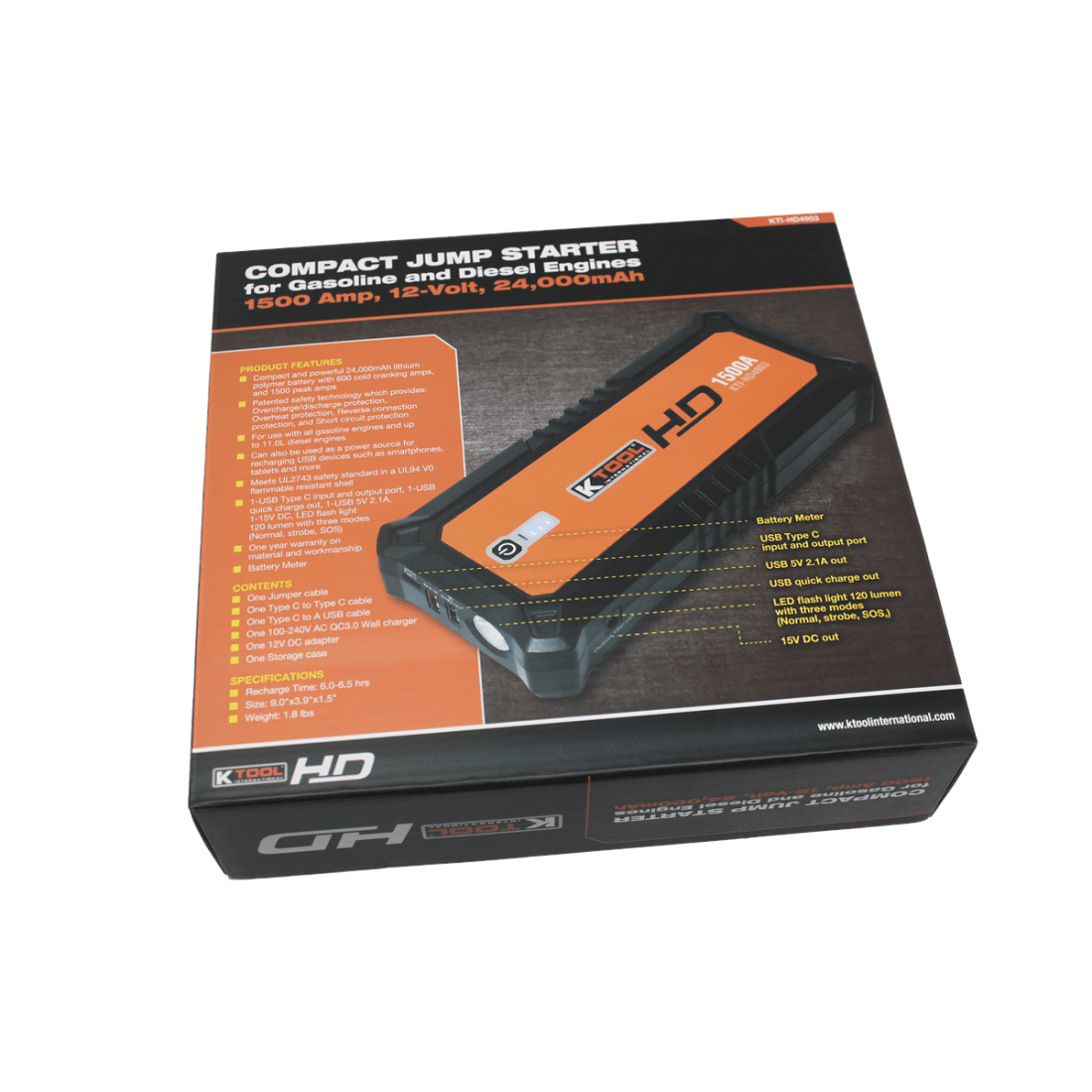 K Tool HD Power Bank Portable Charger Heavy Duty Jump Starter 24000 mAh Jump Starters for Gasoline Engines and 11.0L Diesel Engines Lithium Polymer Emergency Light - Image 3