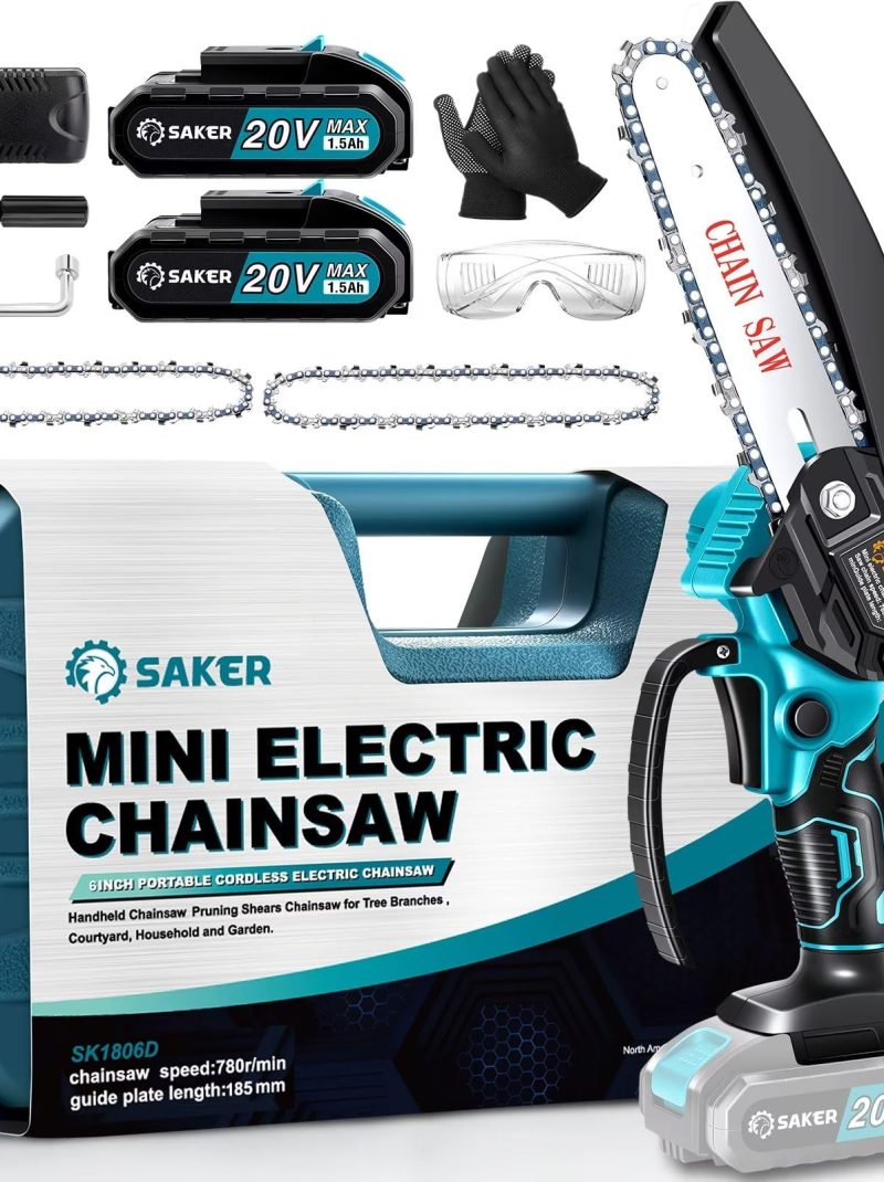 Saker Mini Chainsaw,6 Inch Portable Electric Chainsaw Cordless, Small Handheld Chain saw for Tree Branches,Courtyard, Household and Garden,By 2PCS 20V 1500mAh Batteries,Extra 3 PCS Chain