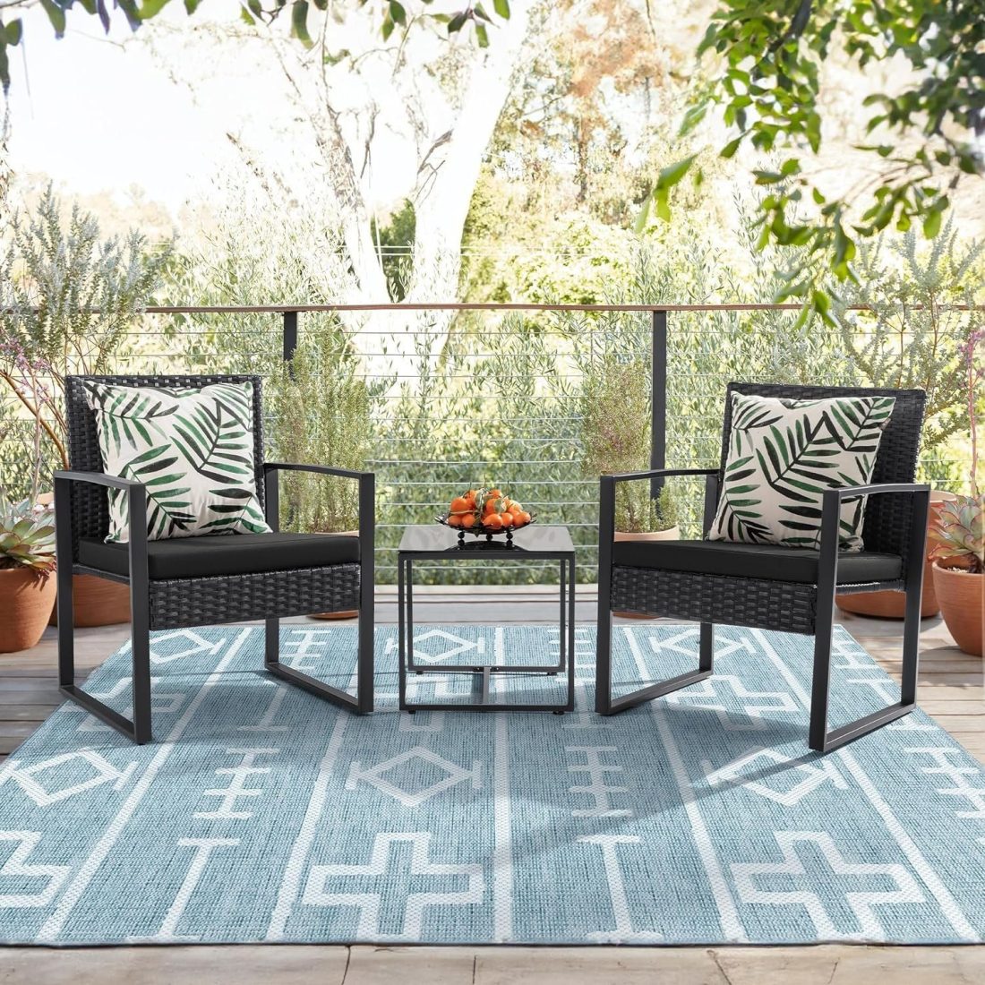Premium Modern Patio Furniture Set for Small Spaces – 3PCS Outdoor Wicker Chairs & Table for Balcony, Yard, Bistro – Black Elegance - Image 4