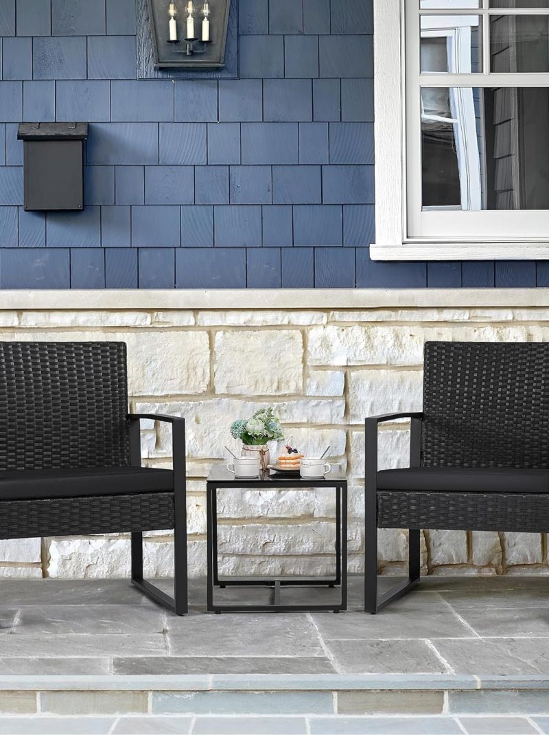 Premium Modern Patio Furniture Set for Small Spaces – 3PCS Outdoor Wicker Chairs & Table for Balcony, Yard, Bistro – Black Elegance