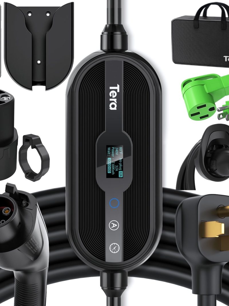 Tera Portable EV Charger Adjustable 32A Max, Level 1 & 2, NEMA 5-15 14-50R Adapter, Tesla & All SAE J1772 EV
