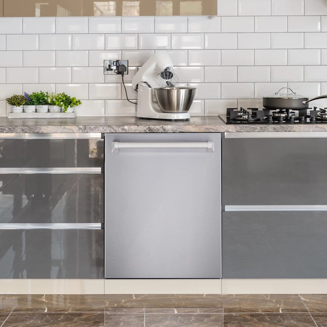 Cosmo 4 Piece Kitchen Appliance Packages with 30" Freestanding Electric Range 30" Wall Mount Hood 24" Built-in Integrated Dishwasher & French Door Refrigerator Kitchen Appliance Bundles - Image 12