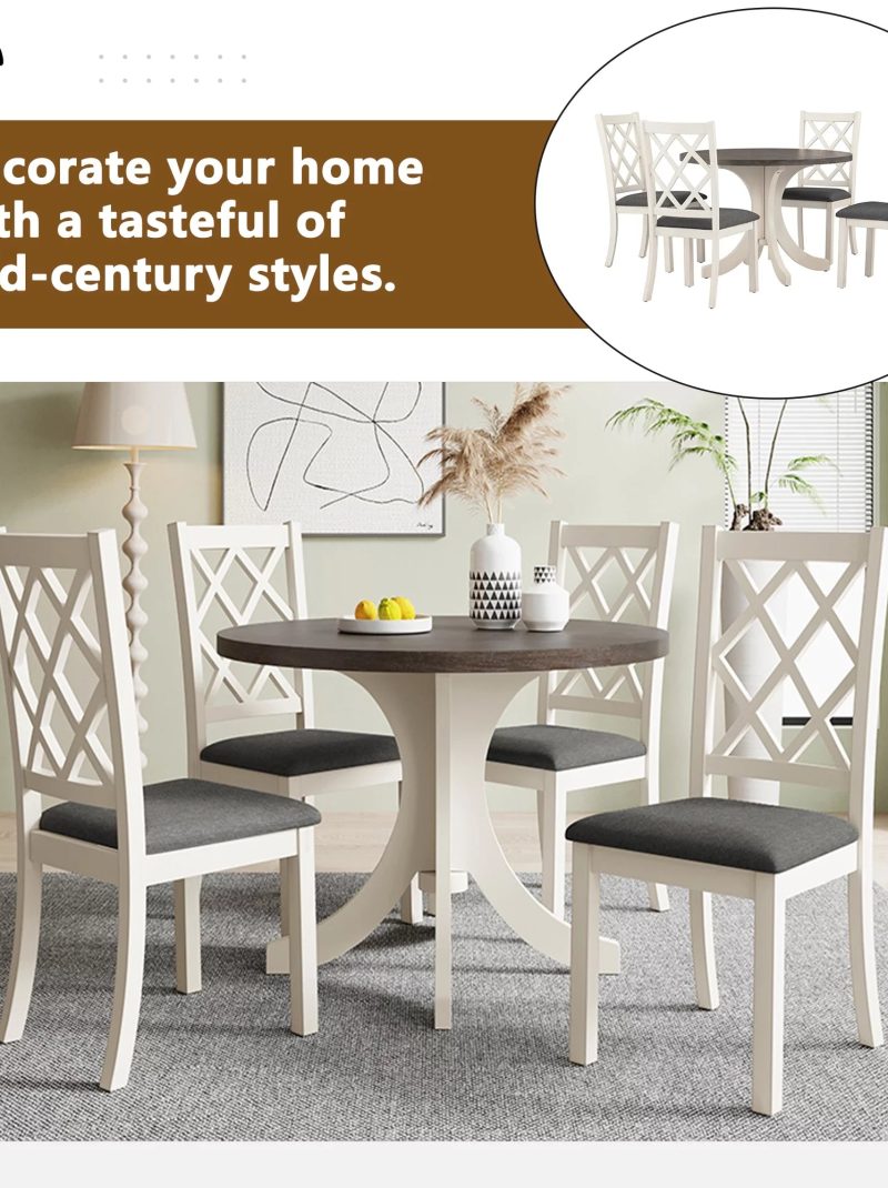 Llinc Store Mid-Century Solid Wood 5-Piece Round Dining Table Set for 4 Kitchen Table Set with Upholstered Chairs for Small Places Brown Table+Gray Chair