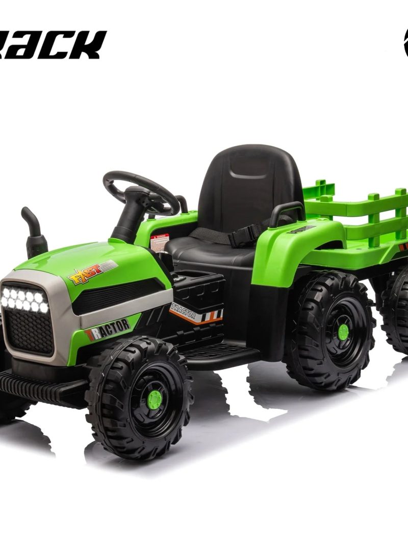 Track 7 24V Ride on Tractor with Trailer, 400W Motor, 6-Wheels Ride on Truck Car with Remote Control, Music, Lights, Electric Tractor Max Speed 5 mph, Green