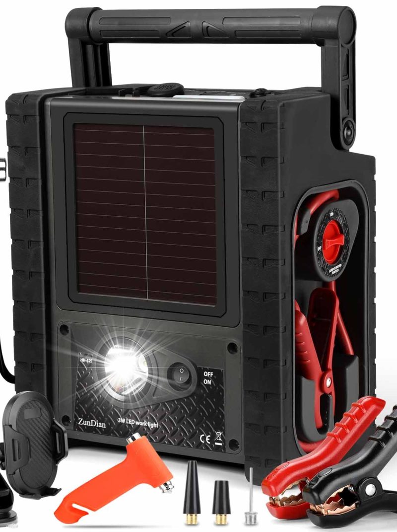 ZunDian Solar Portable Power Station 2000 Amps Jump Starter, 260 PSI Air Compressor, 12V Car Battery Charger with 400W Inverter Dual AC/DC/USB Output, Emergency Backup Power