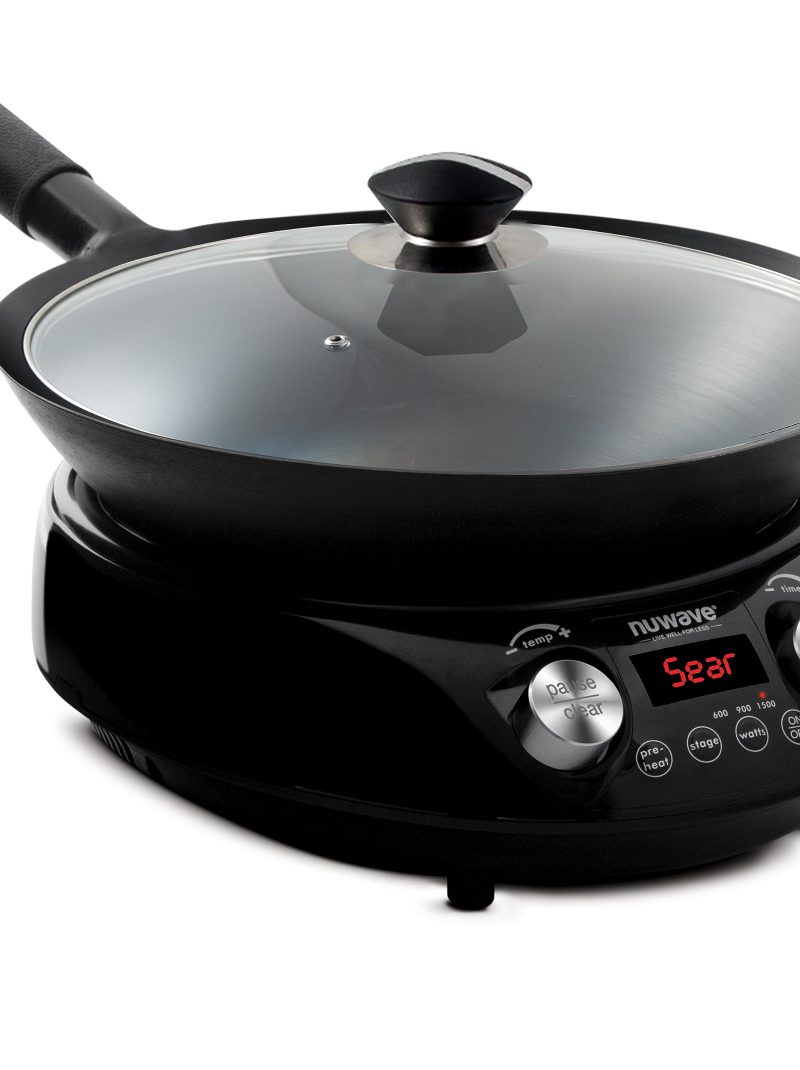 Nuwave Mosaic Induction Wok, Precise Temp Controls from 100u00b0F to 575u00b0F in 5u00b0F, Wok Hei, Infuse Complex Charred Aroma & Flavor, 3 Watts 600, 900 & 1500, Authentic 14-inch Carbon Steel Wok Included