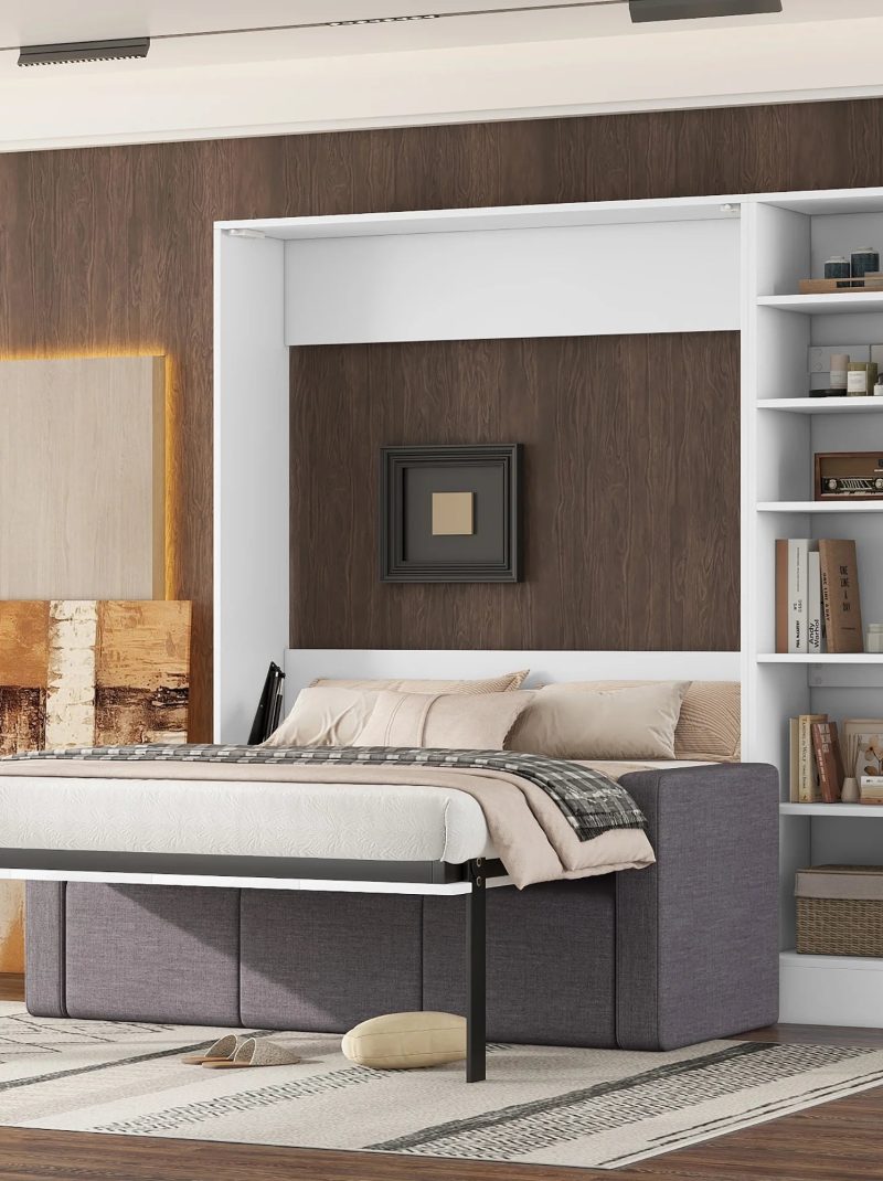 White Full-Size Murphy Bed with Sofa: Wall Bed Design, Integrated Shelves for Space Saving