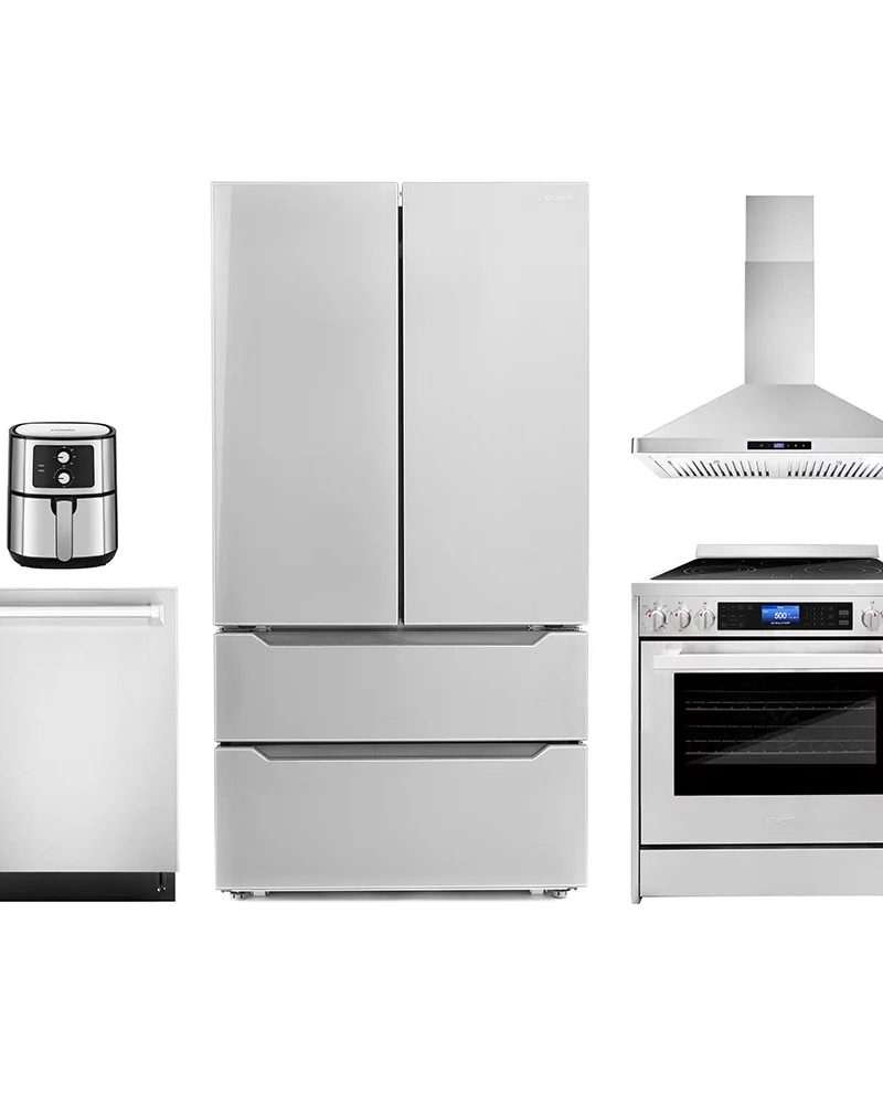 5 Piece Kitchen Package with 30" Freestanding Electric Range 30" Wall Mount Range Hood 24" Built-in Fully Integrated Dishwasher French Door Refrigerator & 5.5L Electric Hot Air Fryer