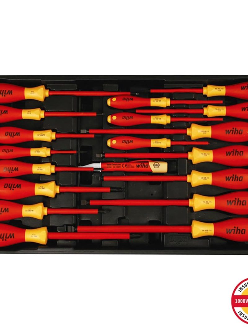 Wiha Insulated SoftFinish Screwdriver Cat III Voltage Detector Set Toolbox Tray - 19 Piece Set