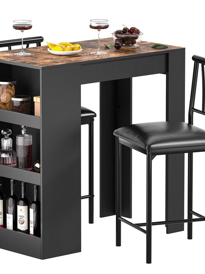 VECELO Small Bar Table and Chairs Tall Kitchen Breakfast Nook with Stools/Dining Set for 2, Storage Shelves, Space-Saving, Retro