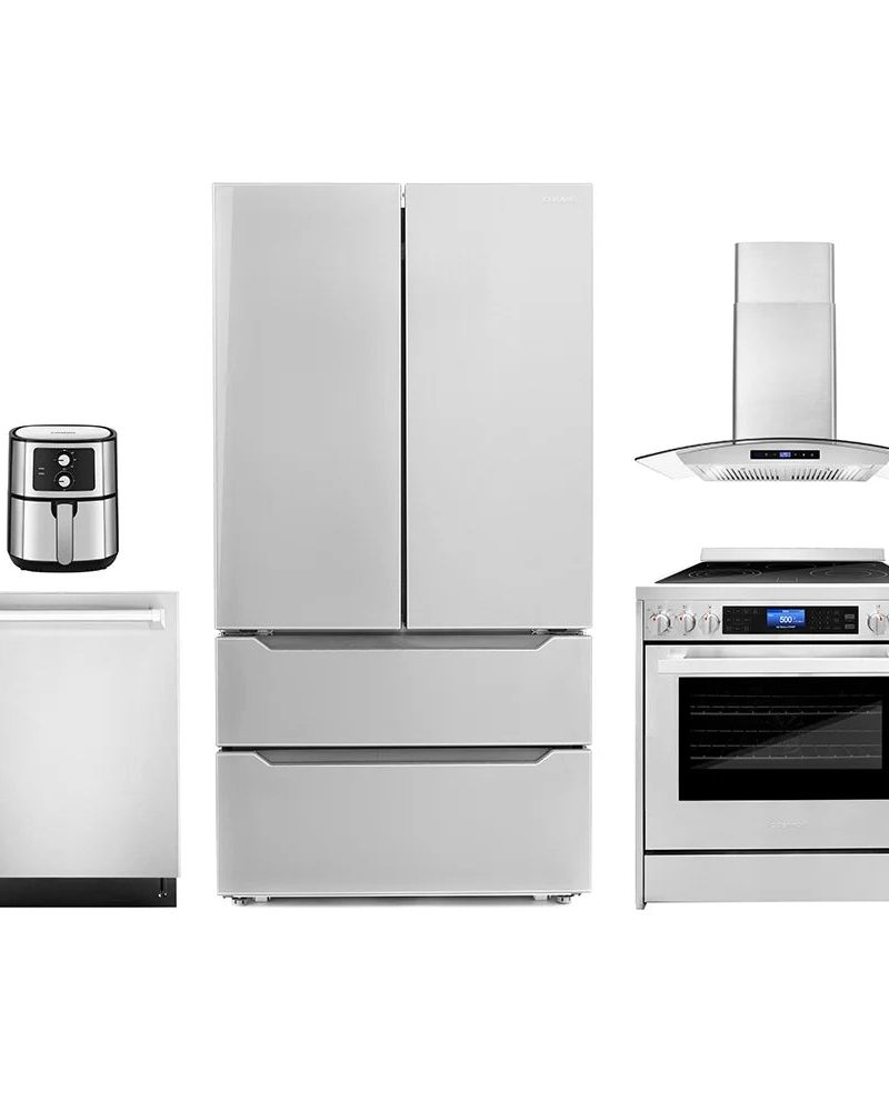 5 Piece Kitchen Package with 30" Freestanding Electric Range 30" Wall Mount Range Hood 24" Built-in Fully Integrated Dishwasher French Door Refrigerator & 5.5L Electric Hot Air Fryer