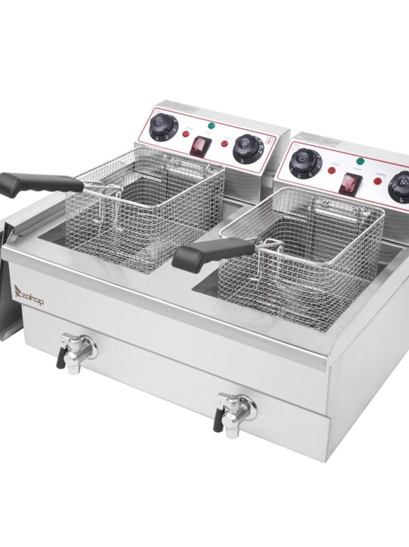 EH102V 16.9QT Stainless Steel Double Tank Deep Fryer 3400W MAX (8L + 8L Capacity) - Large Handle, Ideal for Big Blue Fans