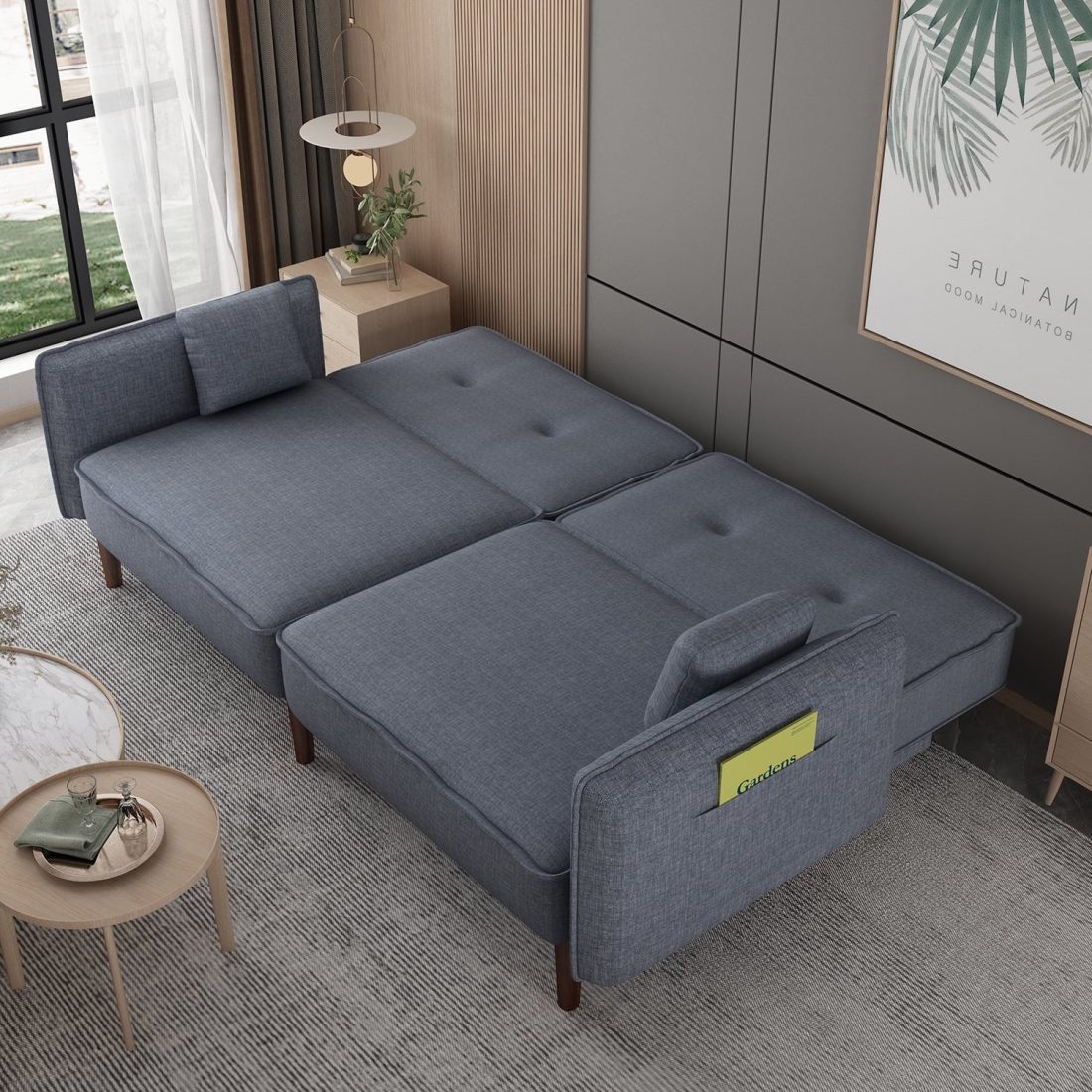 Modern Grey Fabric Futon Sofa Bed with Solid Wood Legs, Convertible Sleeper Sofa with Accent Pillows - Image 4