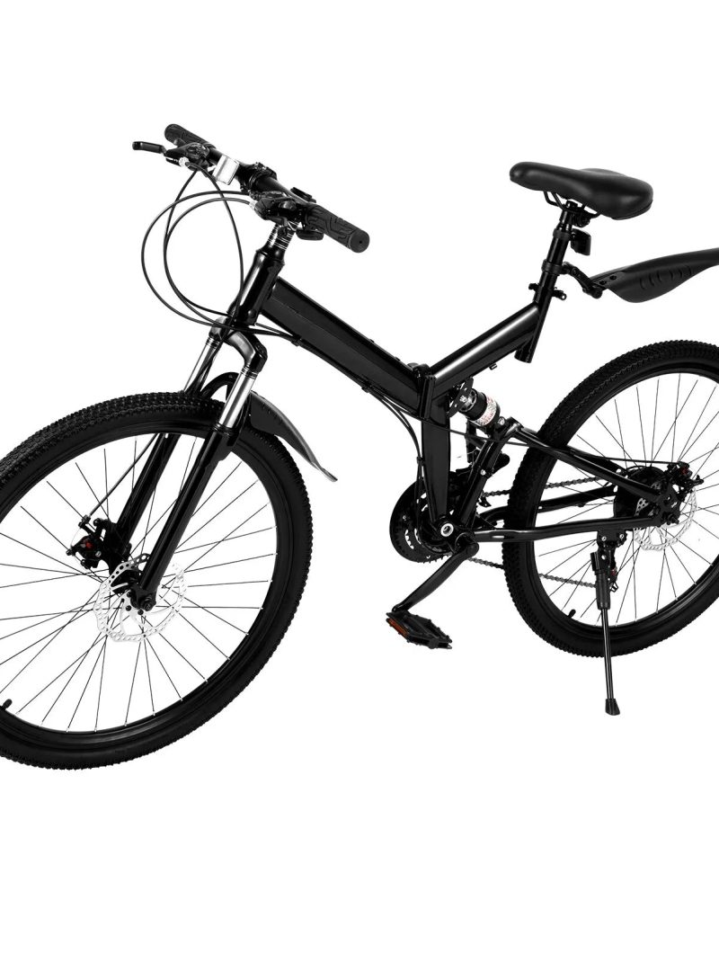 Aiqidi 26 Inch 21 Speed Folding Mountain Bike Full Suspension Dual Disc Brakes Bicycle Unisex Adult Bicycle Black
