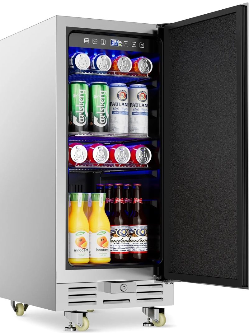 Ecojoy Outdoor Beverage Refrigerator, 15 Inch Stainless Steel Under Counter Beer Beverage Fridge for 120 Cans w/ 37-65℉