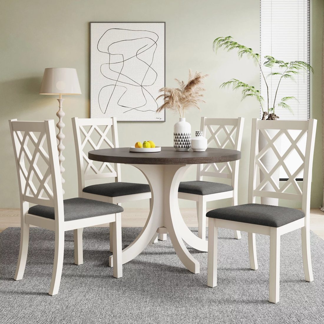 Llinc Store Mid-Century Solid Wood 5-Piece Round Dining Table Set for 4 Kitchen Table Set with Upholstered Chairs for Small Places Brown Table+Gray Chair - Image 2