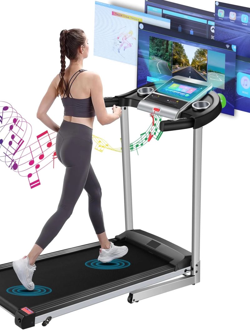 Tikmboex 3.25HP Folding Treadmill with 10" HD TV Movie Touchscreen, Incline Running Machine Easy to Install for Family Office Use, Silver