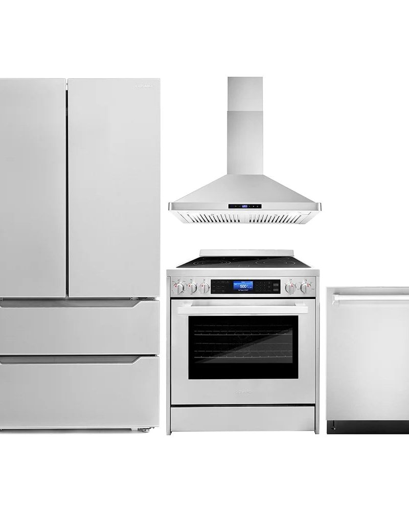 Cosmo 4 Piece Kitchen Appliance Packages with 30" Freestanding Electric Range 30" Wall Mount Hood 24" Built-in Integrated Dishwasher & French Door Refrigerator Kitchen Appliance Bundles