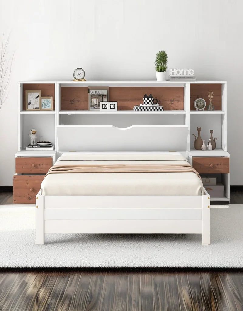 Twin Size Platform Bed with Storage Headboard and Drawers, Wooden Storage Bed Frame for Bedroom, Dorm, Bedroom Furniture