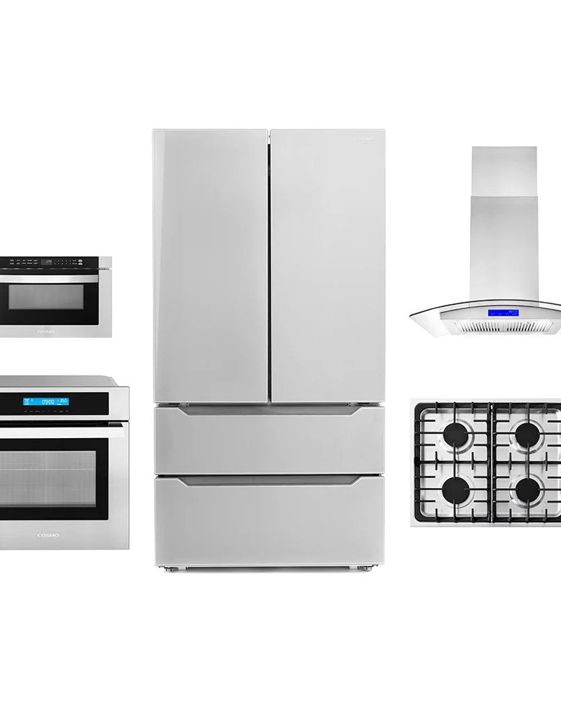 5 Piece Kitchen Package With 30" Gas Cooktop 36" Island Range Hoood 30" Single Electric Wall Oven 24" Built-In Microwave Drawer & French Door Refrigerator