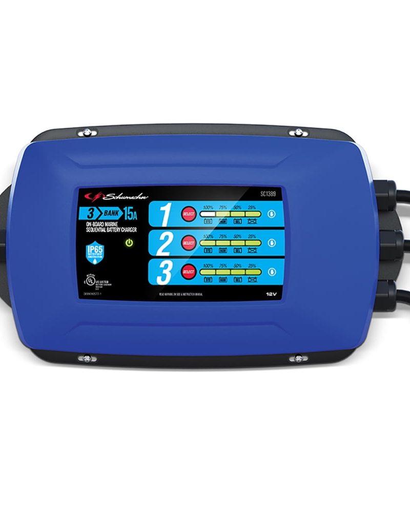 Schumacher Fully Automatic Direct-Mount 3-Battery Marine Charger and Maintainer- 15 Amp, 12V