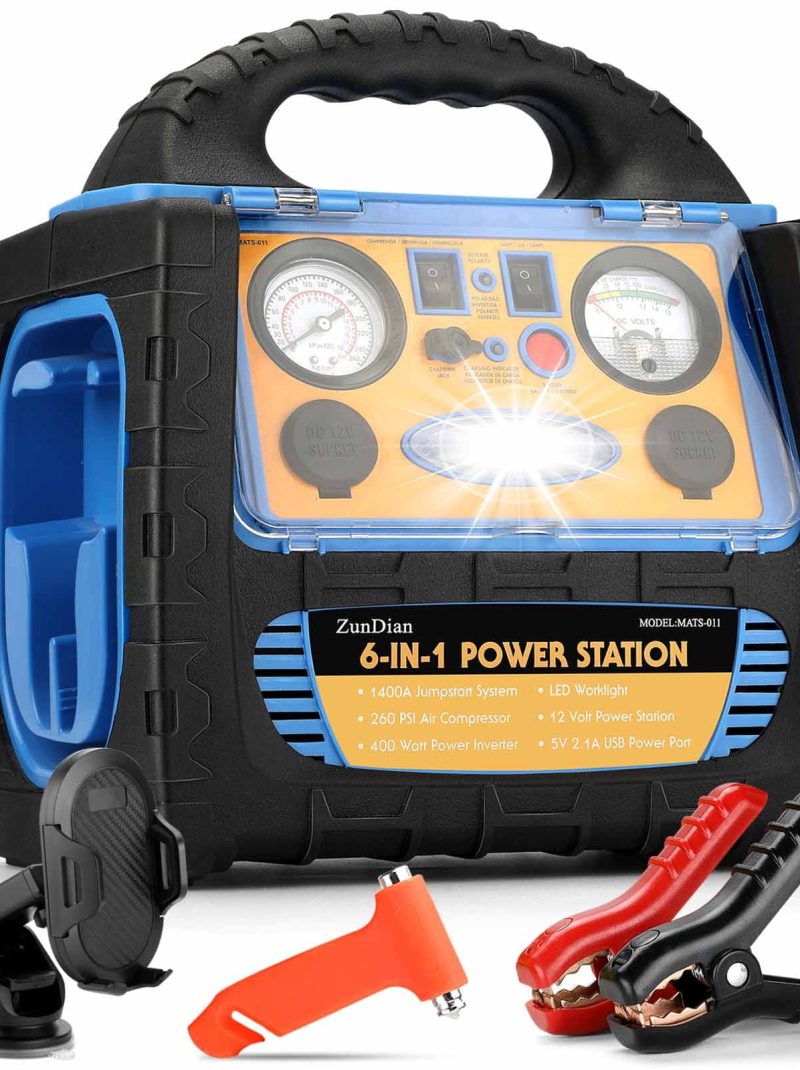 ZunDian 1400 Amp Battery Jump Starter with Air Compressor, Portable Power Station 110V 400W Power Inverter USB DC AC Outlet, 12V Emergency Auto Battery Booster Box