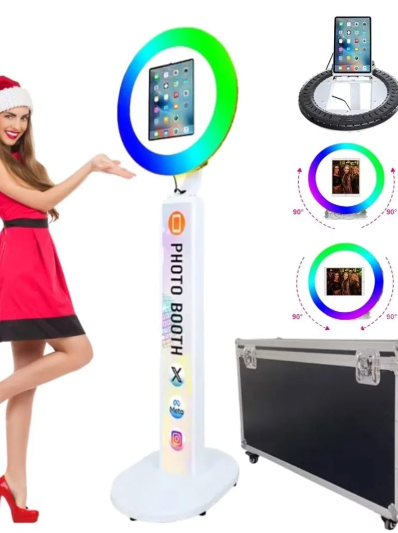 Upgraded White iPad Photo Booth for iPad 10.2'' 10.9'' 11'' 12.9'' Selfie Photo booth Station Machine with RGB Ring Light,Free Custom Logo with Flight Case for Parties Christmas,Wedding Events Rental