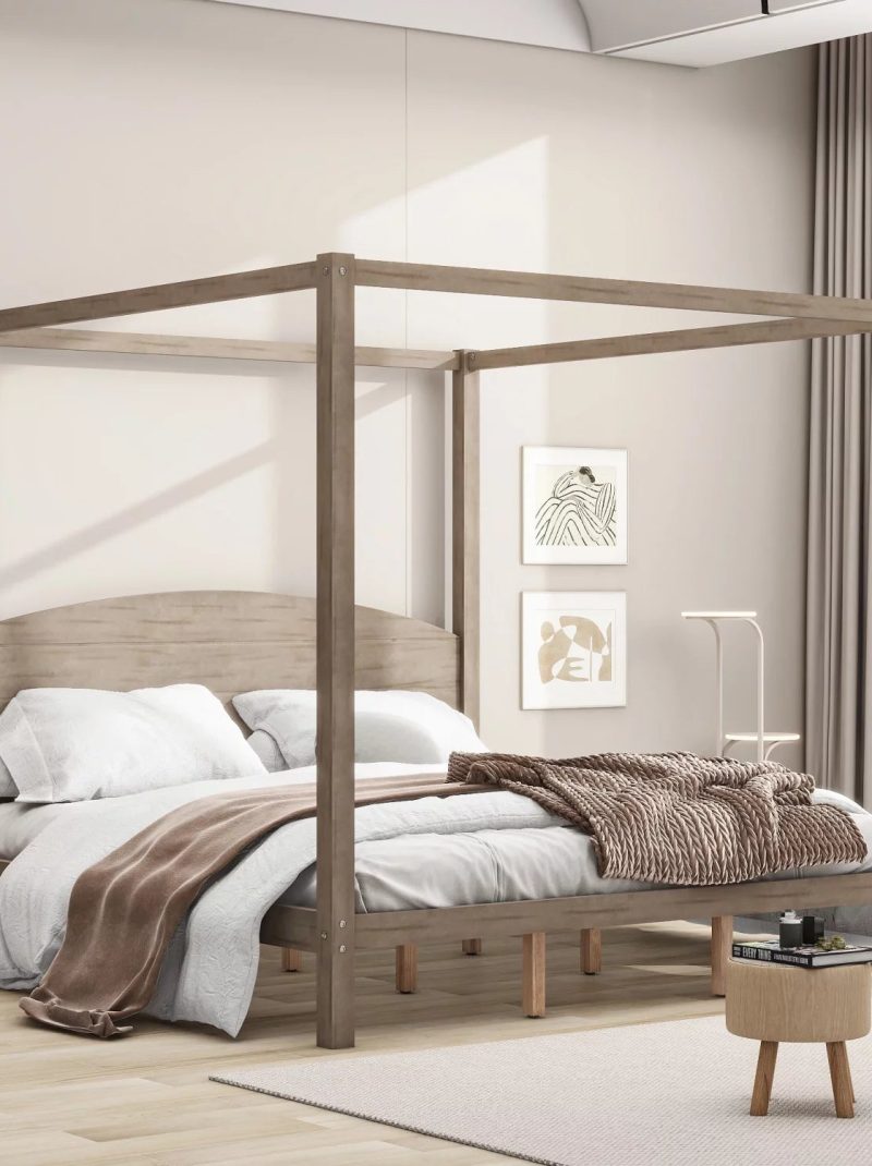 Upgrade your regal bedroom with this elegant and luxurious brown wash canopy platform king size bed. Featuring sturdy support legs and a stylish headboard this bed is the perfect additio