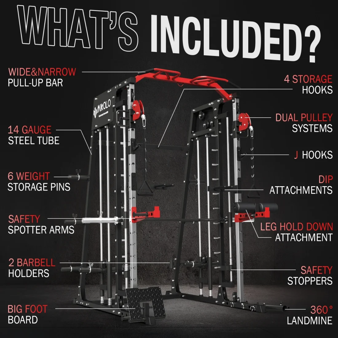 Mikolo Smith Machine Home Gym, 2200 lbs Power Rack Cage with Cable Crossover - Image 2