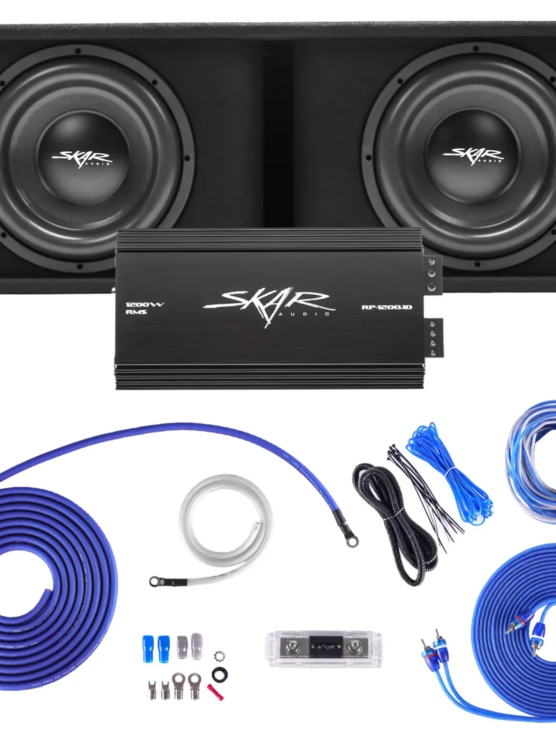 Unleash Thunderous Sound with the High-Impact Car Bass System – Skar Audio Dual 12′′ 2400W SDR Loaded Sub Box, Amplifier & Wiring Kit